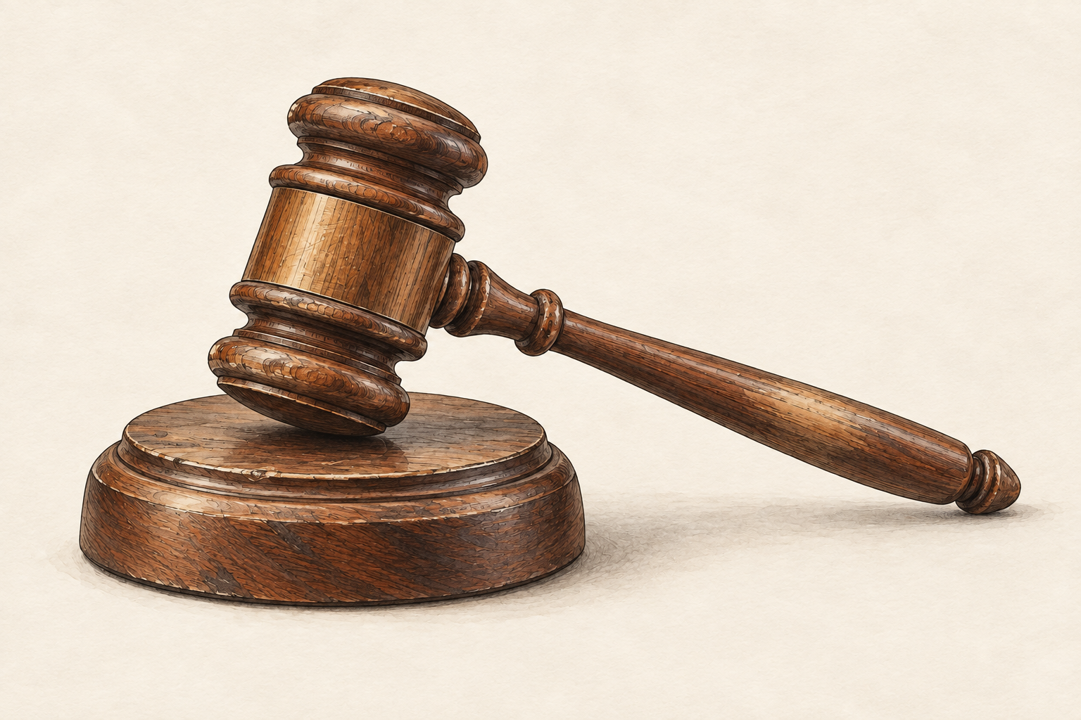 Wooden judge’s gavel and sound block on a textured cream background
