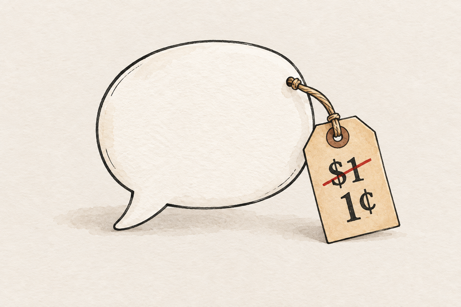 Speech bubble with a price tag changing from one dollar to one cent
